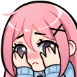 Anime girl with pink hair blushing and peeking through her fingers.