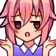 Yuno Gasai with pink hair shrugging with a bored and confused expression.