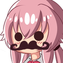 Anime girl with pink hair wearing a large black mustache and looking confused.