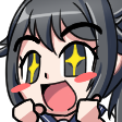 Ayano Aishi with star-shaped eyes and a wide, excited grin, clenching her fists in pure hype.
