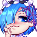 Rem from Re:Zero with blue hair and a flower accessory making a smug, mischievous face.