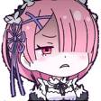 Ram from Re:Zero with pink hair and a maid outfit looking at the viewer with a disgusted and judgmental expression.