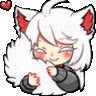 A white-haired neko girl with red-accented ears happily hugging her large white tail with small hearts floating nearby.