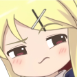 Anime girl with blonde hair and an X-shaped hair clip giving a suspicious, side-eyed look.