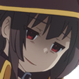 Megumin from Konosuba with a deadpan, skeptical expression and red eyes.