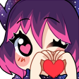 Anime girl with purple hair making a heart shape with her hands while having heart-shaped eyes.