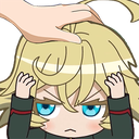 Tanya Degurechaff with a grumpy expression receiving a headpat from a hand.