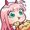 Zero Two in chibi style happily eating a fish-shaped snack.