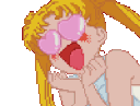 Sailor Moon with large pink heart-shaped eyes and a wide, happy, open-mouthed expression.