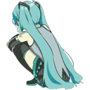Hatsune Miku sitting on the floor with her head tucked into her knees in a dejected pose.