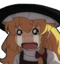 Marisa Kirisame with blonde hair and a black hat crying with large tears streaming down her face.