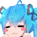 Hatsune Miku with blue hair making a smug expression with a w-shaped mouth.