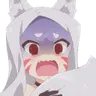 A white-haired anime cat girl with a purple-tinted face looking extremely shocked and panicked with her mouth wide open.