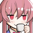 Yuno Gasai with pink hair and red eyes holding a teacup and looking smug.