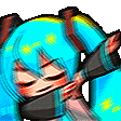 Hatsune Miku performing a double dab with a distorted, high-energy aesthetic.