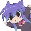 Anime girl with purple hair lunging forward with open arms in a playful hug attack.