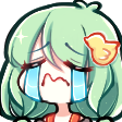 Anime girl with green hair and a duck accessory crying with large blue tears streaming down her face.
