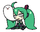 Hatsune Miku in pixel art style with a ghost spirit floating out of her mouth, looking exhausted.