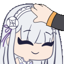 Emilia from Re:Zero smiling while receiving a gentle headpat from a hand.