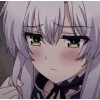 Anime girl with white hair blushing and nervously twiddling her hair strands.