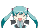 Hatsune Miku chibi character animated with a wide-open mouth and waving arms in excitement.