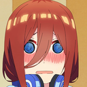 Miku Nakano with a bright red blushing face and wide, confused eyes wearing her blue headphones.