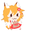Senko-san, a cute fox girl with orange hair and ears, wearing an apron and standing in a cheerful pose.