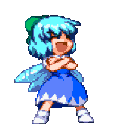 Cirno from Touhou Project laughing with her arms crossed before falling over backwards in a pixelated animation.