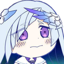 Anime girl with light blue hair and purple eyes making a pained, blushing expression.