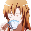 Asuna Yuuki with her eyes closed, calmly sipping tea from a delicate cup.