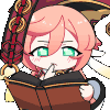 Yanfei from Genshin Impact with pink hair reading a book while looking serious.