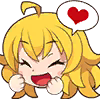 Yang Xiao Long from RWBY with yellow hair laughing happily with a red heart icon above her head.