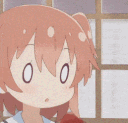 Hinata Miyako from Wataten transitioning from a blank expression to a bright-eyed realization with a glowing lightbulb appea…