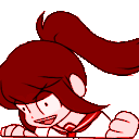 Ayano Aishi from Yandere Simulator performing a fast, rhythmic headbanging motion in a red and white pixel art style.