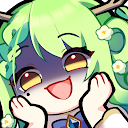 Ceres Fauna with green hair and antlers wearing a wide, unsettling yandere grin with dark, shadowed eyes.