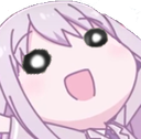 Anime girl with long purple hair has wide, glowing white eyes and an open mouth in a shocked expression.