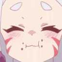 Anime character face with blushing cheeks and markings chewing repeatedly.