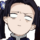 Aoi Kanzaki from Demon Slayer with a deadpan, unimpressed expression and blank white eyes.