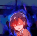 Anime girl with a red face and glowing dark blue aura expressing intense anger.