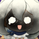 Paimon from Genshin Impact with inverted colors, glowing white eyes, and a wide, chaotic grin.