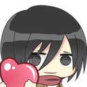 Mikasa Ackerman with black hair and a red scarf holds a pink heart with a neutral expression.