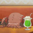 Anime girl rhythmically slamming her head onto a table next to a glass of green melon soda.