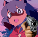 Michiru Kagemori from BNA looking surprised while a realistic hand points a handgun directly at the viewer.