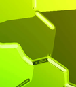 Neon green geometric pattern with bright glowing lines and dark shapes.