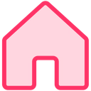 A stylized pink house icon with a black door on a black background.