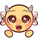 A cute cow demon character with star-shaped pupils in its eyes and small horns, looking extremely excited.