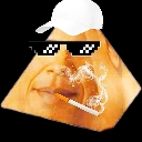 A human face on a pyramid shape wearing pixelated sunglasses and a white cap while smoking a cigarette.