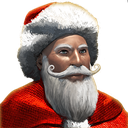 A man with a thick white beard and mustache wearing a red and white fur-trimmed hat.