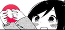 Anime girl with blushing cheeks peeking from the bottom and holding a red heart.