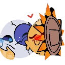 Sun and moon characters blushing while sharing a gentle kiss.